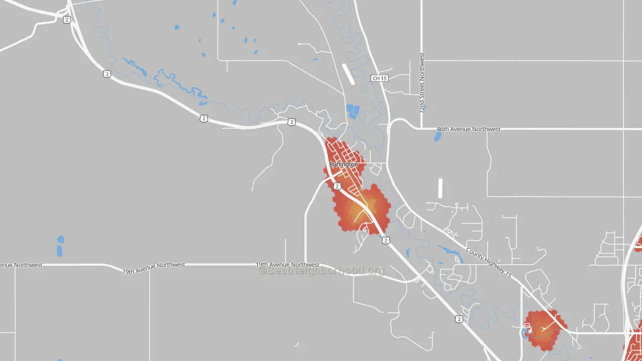 Walk Grade map of 58722, ND, walkable areas in green and car-dependent areas in red