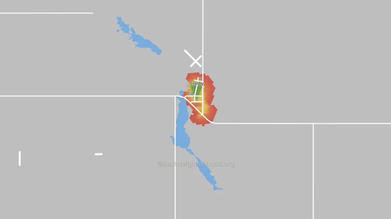 Walk Grade map of 58730, ND, walkable areas in green and car-dependent areas in red