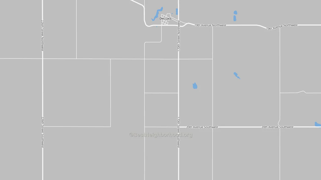 Walk Grade map of 58733, ND, walkable areas in green and car-dependent areas in red