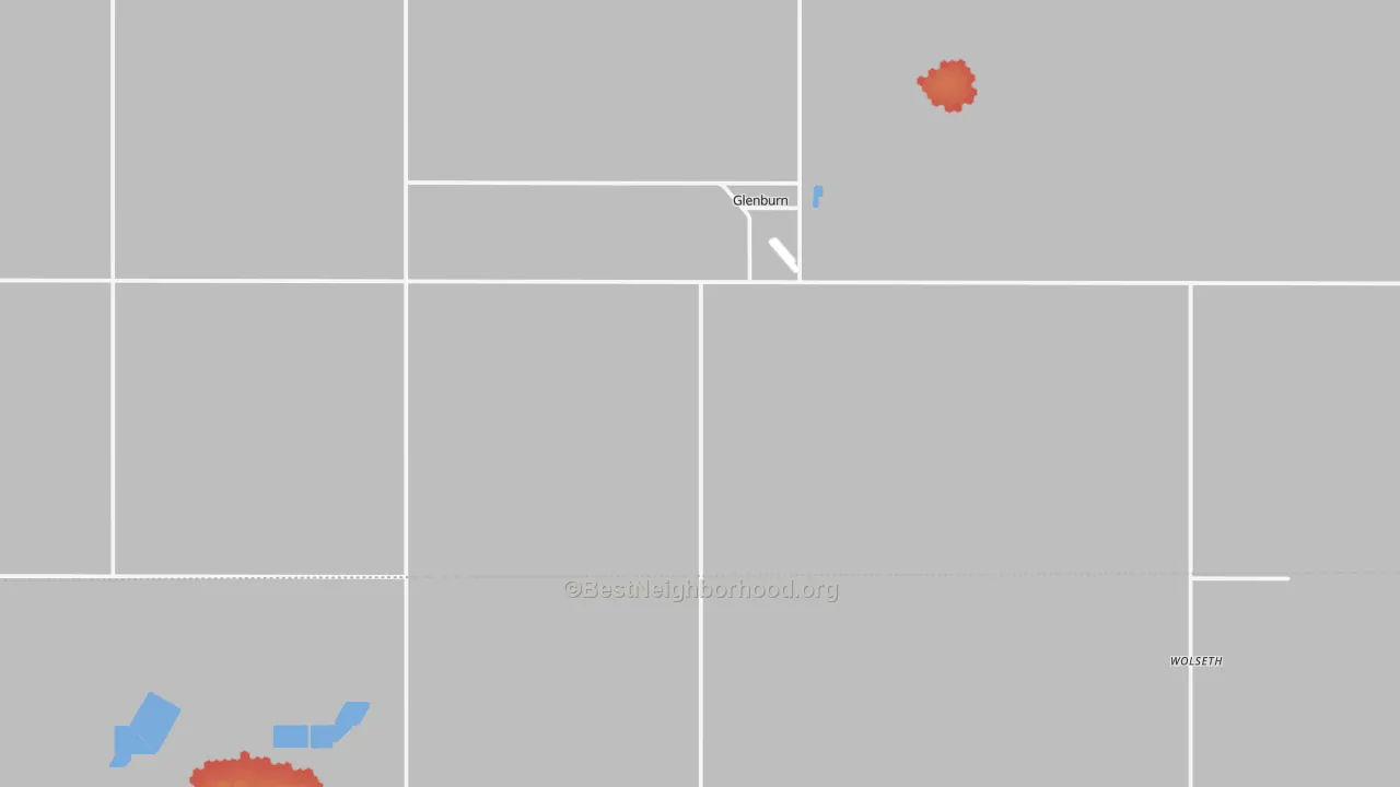 Walk Grade map of 58740, ND, walkable areas in green and car-dependent areas in red