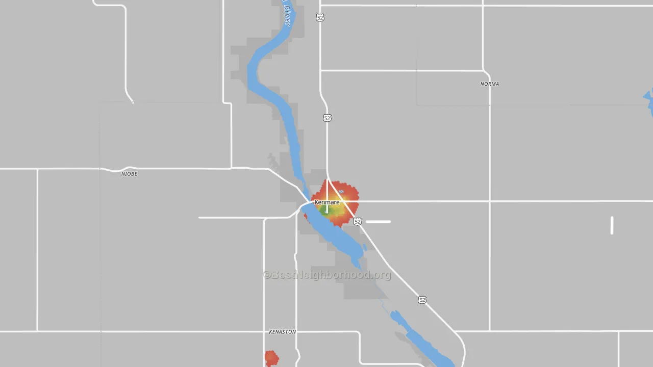 Walk Grade map of 58746, ND, walkable areas in green and car-dependent areas in red