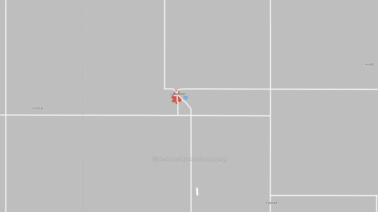 Walk Grade map of 58750, ND, walkable areas in green and car-dependent areas in red