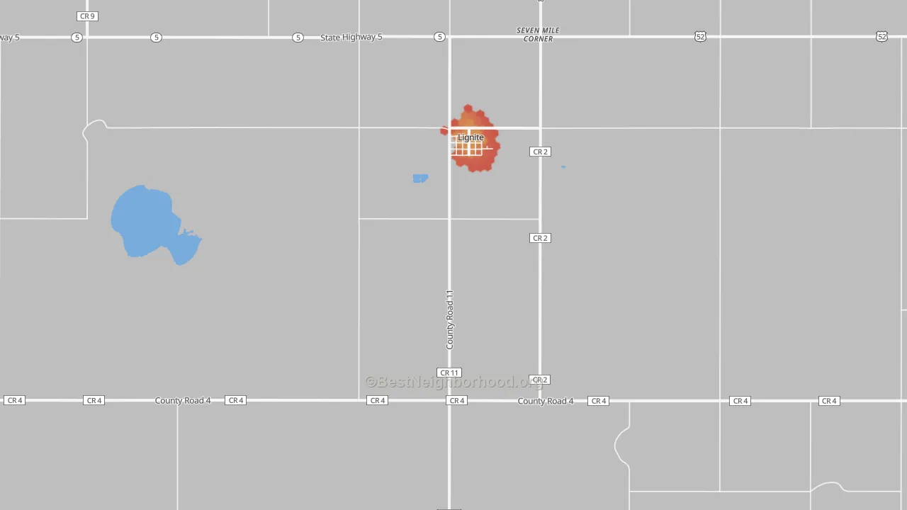 Walk Grade map of 58752, ND, walkable areas in green and car-dependent areas in red