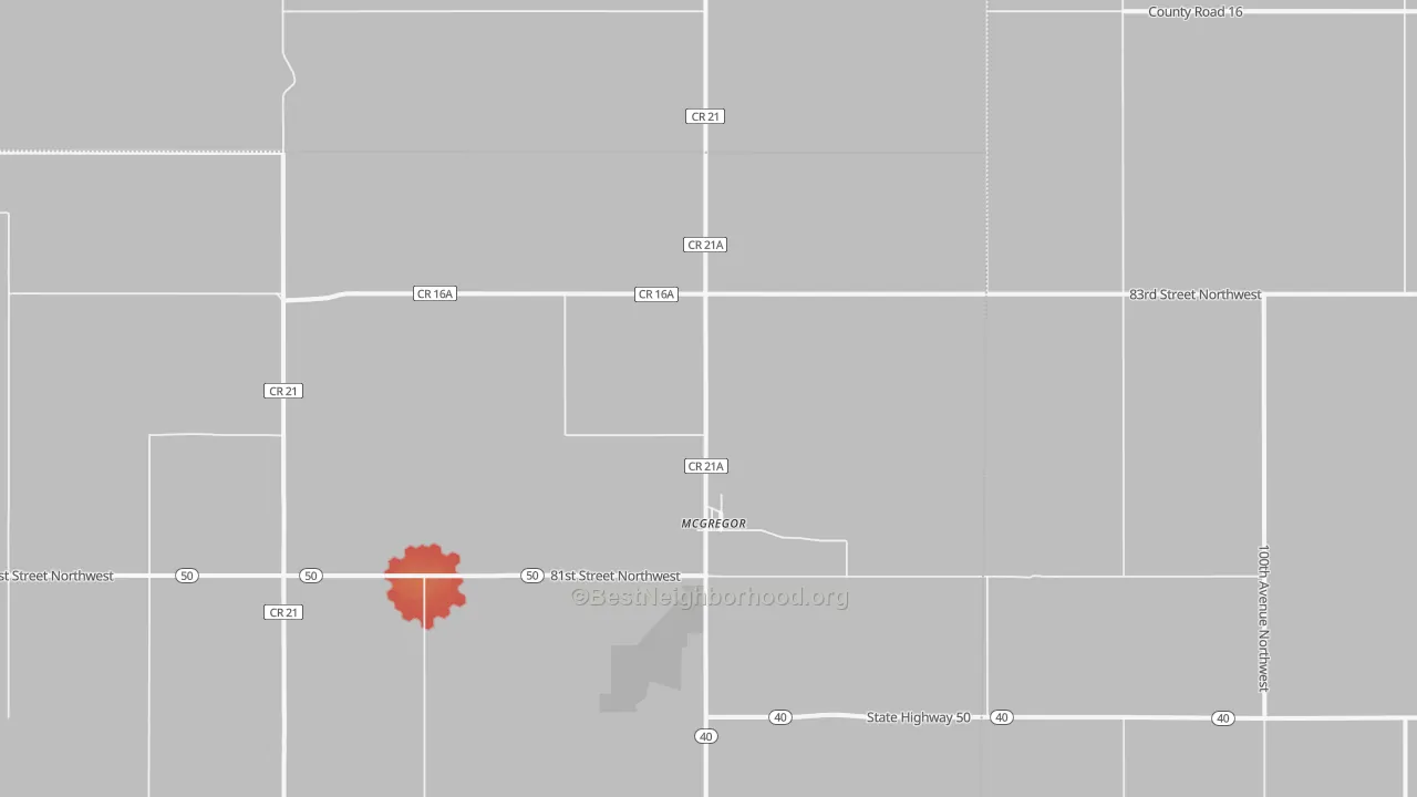 Walk Grade map of 58755, ND, walkable areas in green and car-dependent areas in red