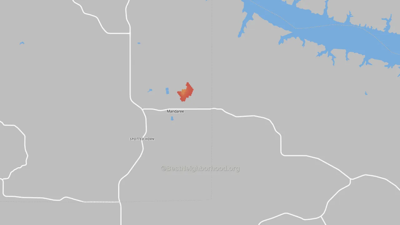 Walk Grade map of 58757, ND, walkable areas in green and car-dependent areas in red