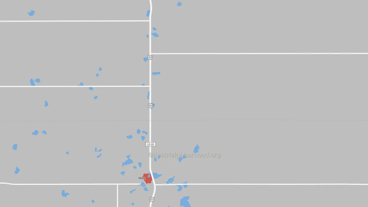 Walk Grade map of 58759, ND, walkable areas in green and car-dependent areas in red