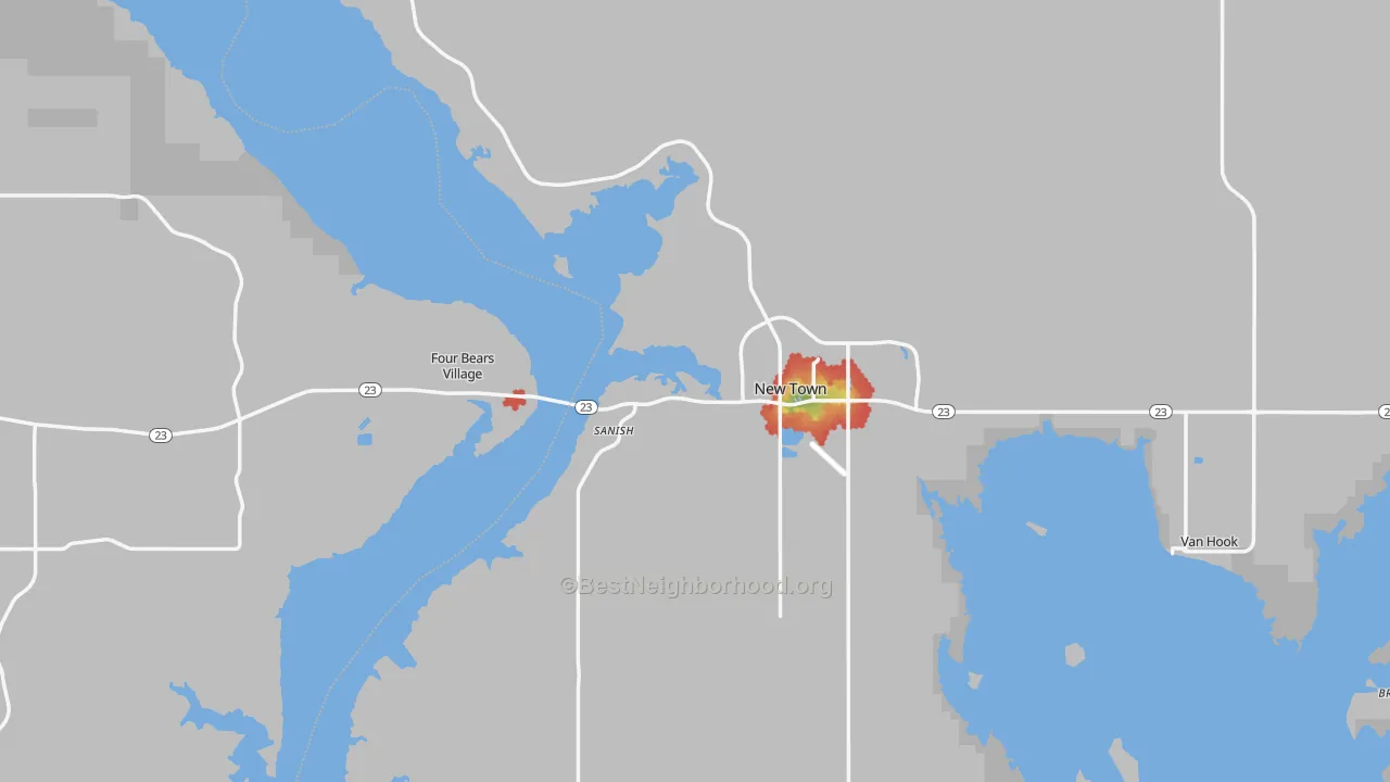 Walk Grade map of 58763, ND, walkable areas in green and car-dependent areas in red