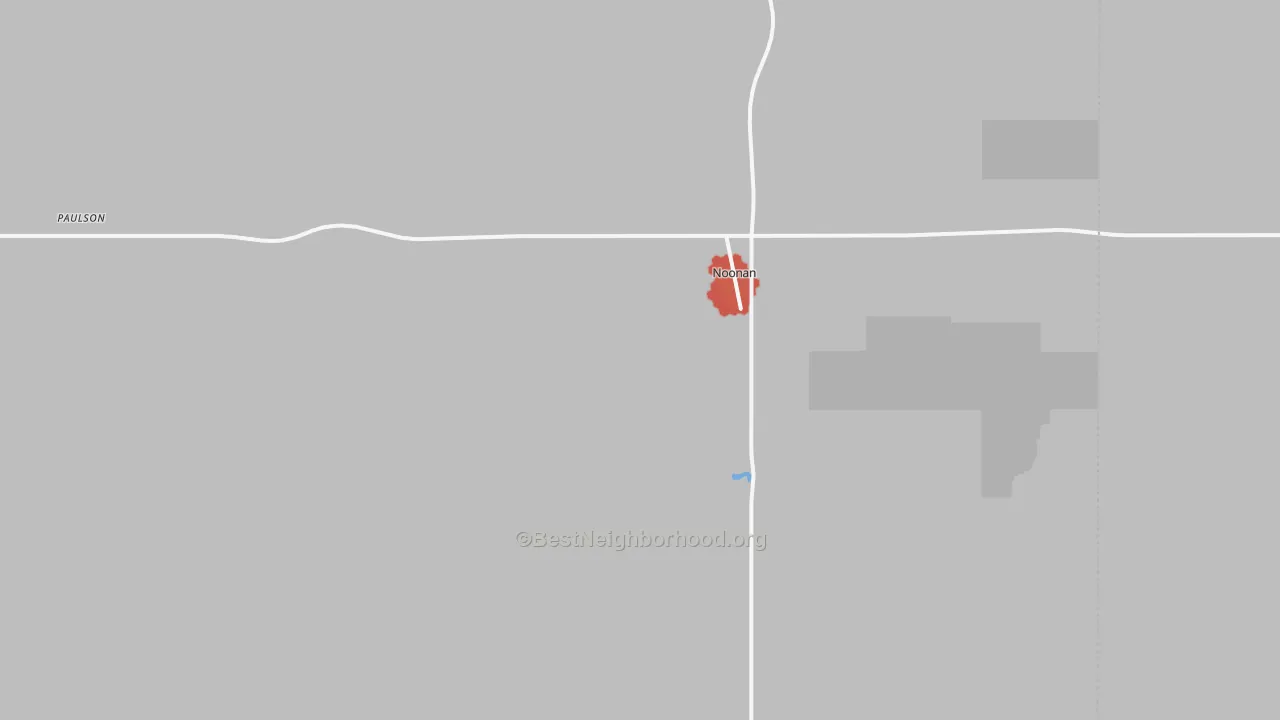 Walk Grade map of 58765, ND, walkable areas in green and car-dependent areas in red