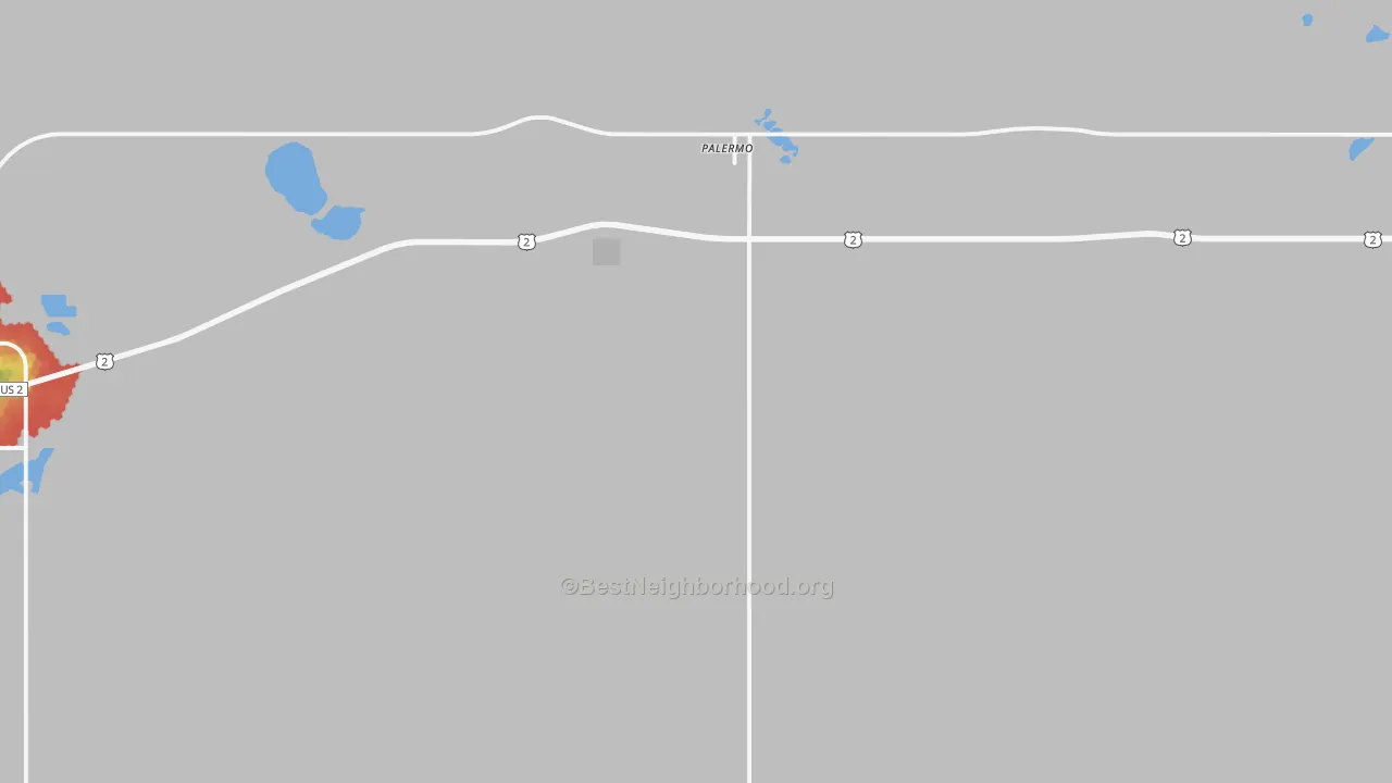 Walk Grade map of 58769, ND, walkable areas in green and car-dependent areas in red
