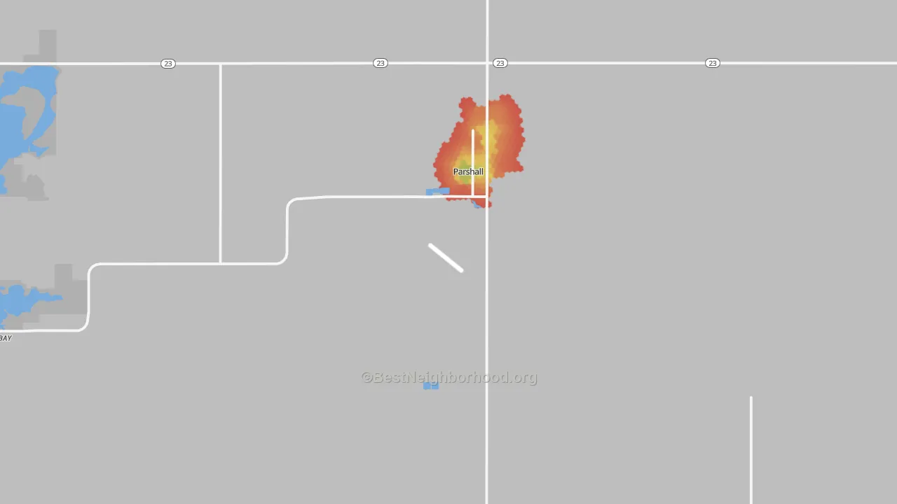 Walk Grade map of 58770, ND, walkable areas in green and car-dependent areas in red
