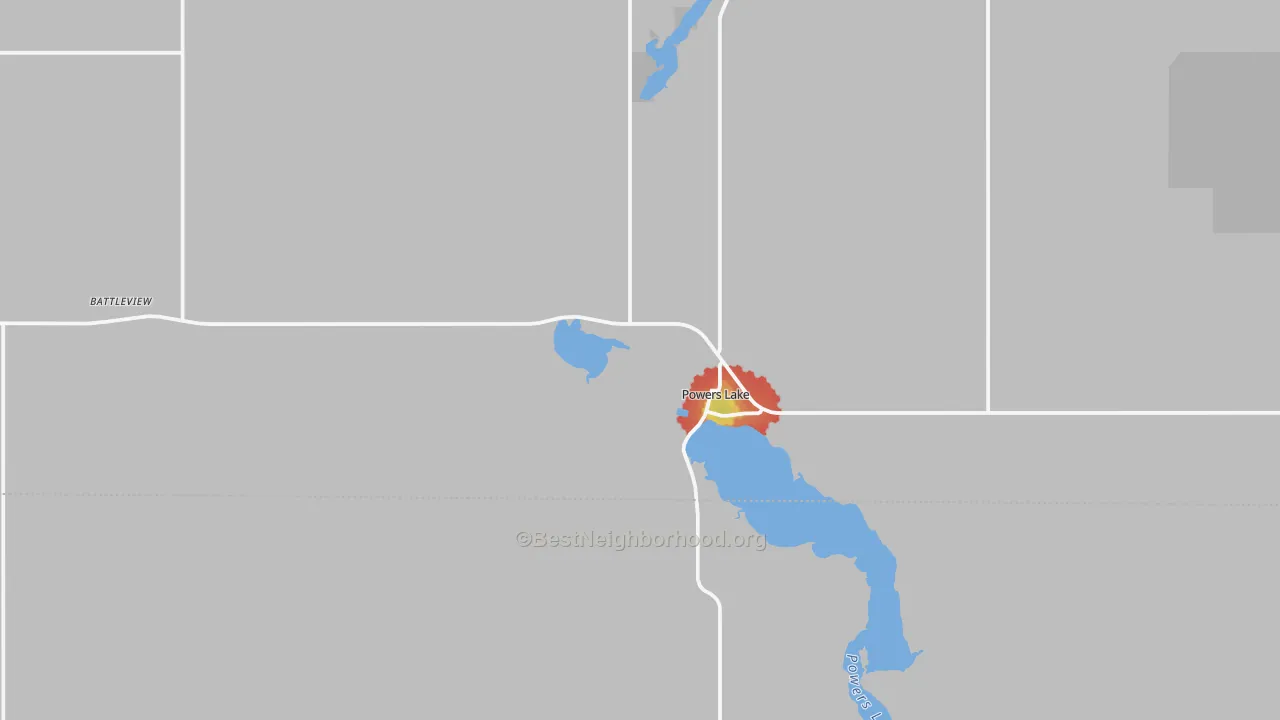 Walk Grade map of 58773, ND, walkable areas in green and car-dependent areas in red