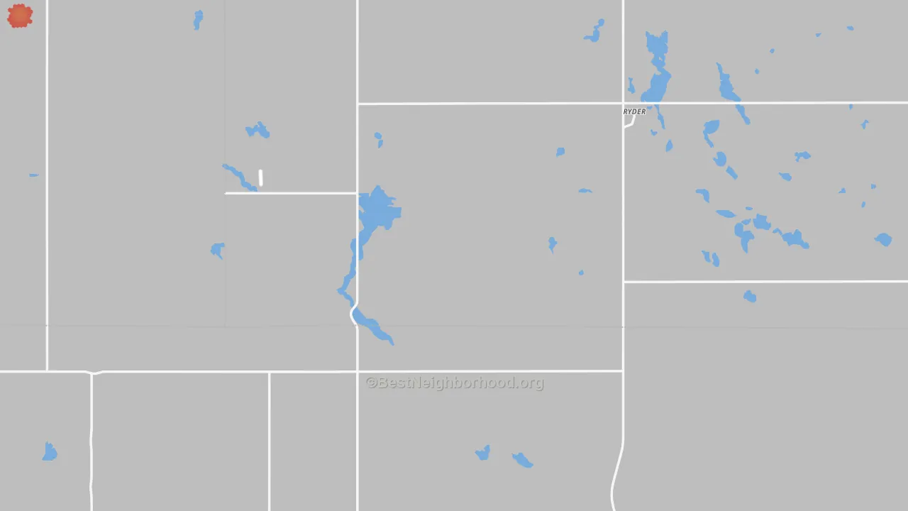 Walk Grade map of 58779, ND, walkable areas in green and car-dependent areas in red