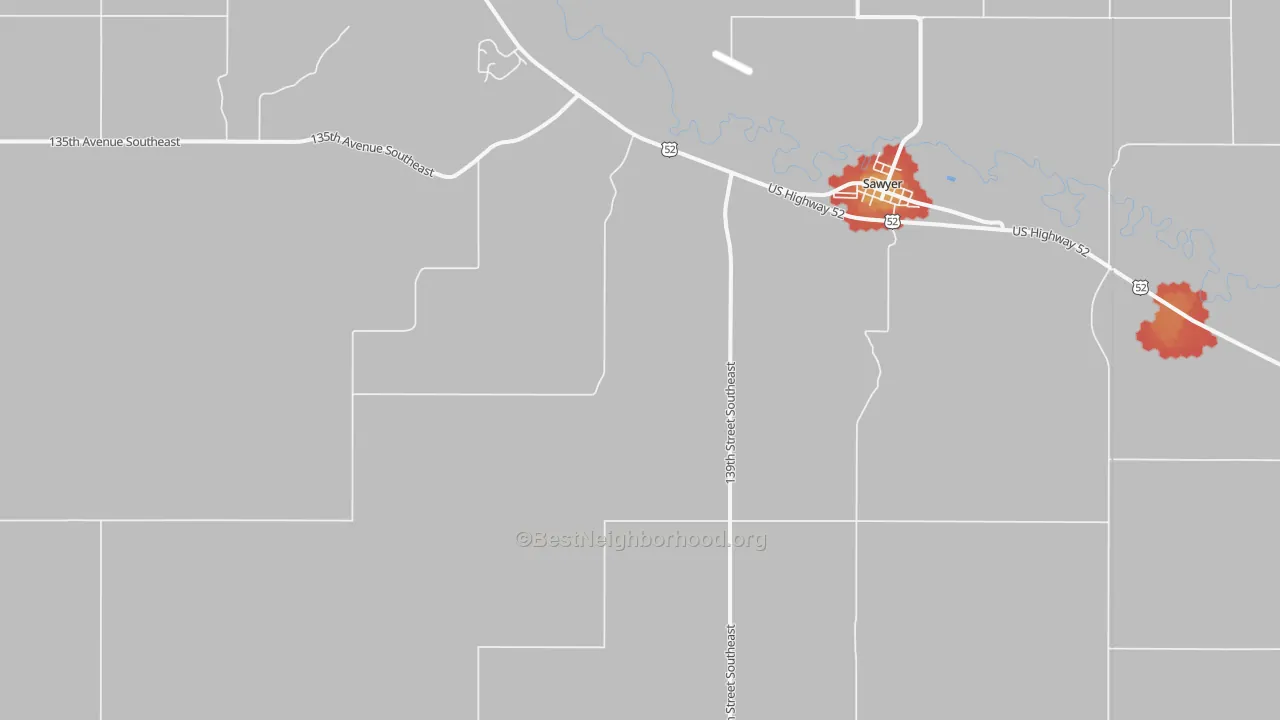 Walk Grade map of 58781, ND, walkable areas in green and car-dependent areas in red