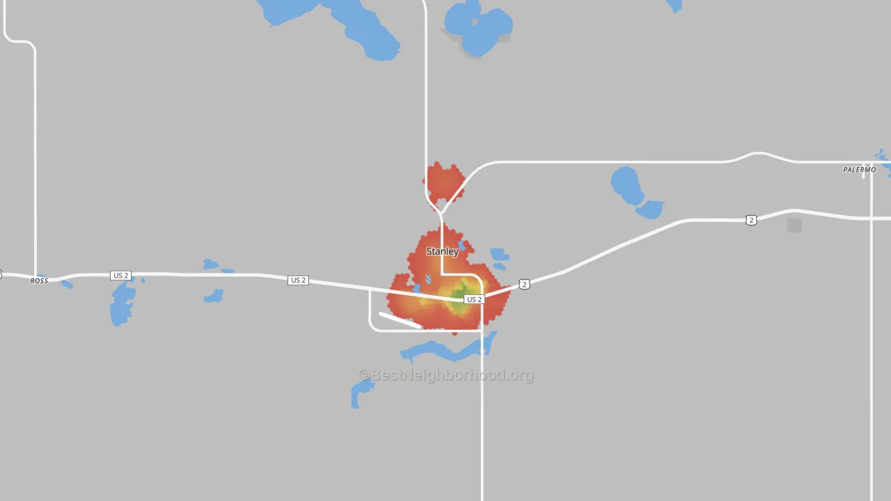 Walk Grade map of 58784, ND, walkable areas in green and car-dependent areas in red