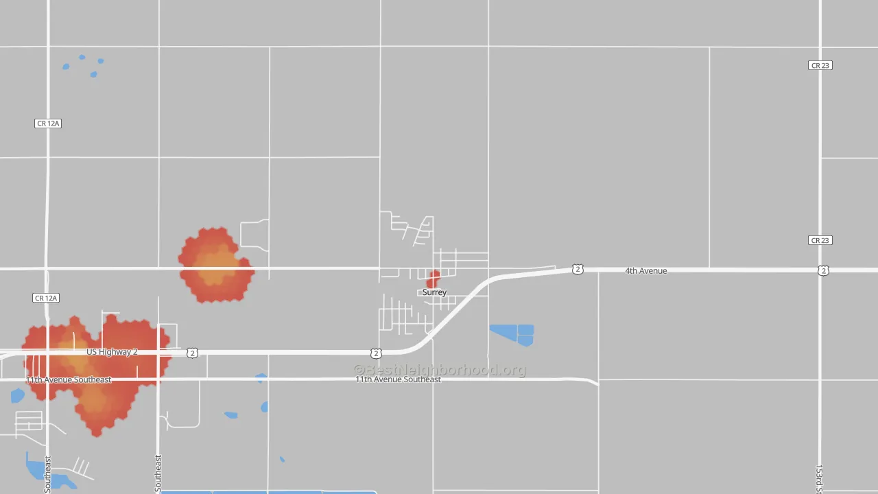 Walk Grade map of 58785, ND, walkable areas in green and car-dependent areas in red