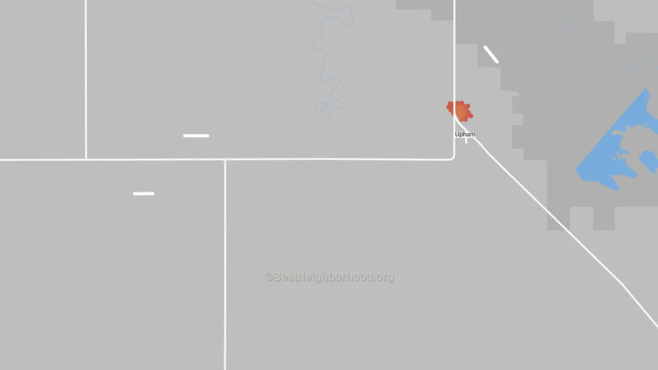 Walk Grade map of 58789, ND, walkable areas in green and car-dependent areas in red