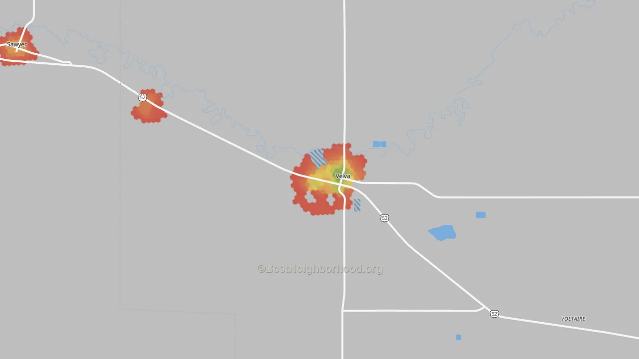 Walk Grade map of 58790, ND, walkable areas in green and car-dependent areas in red