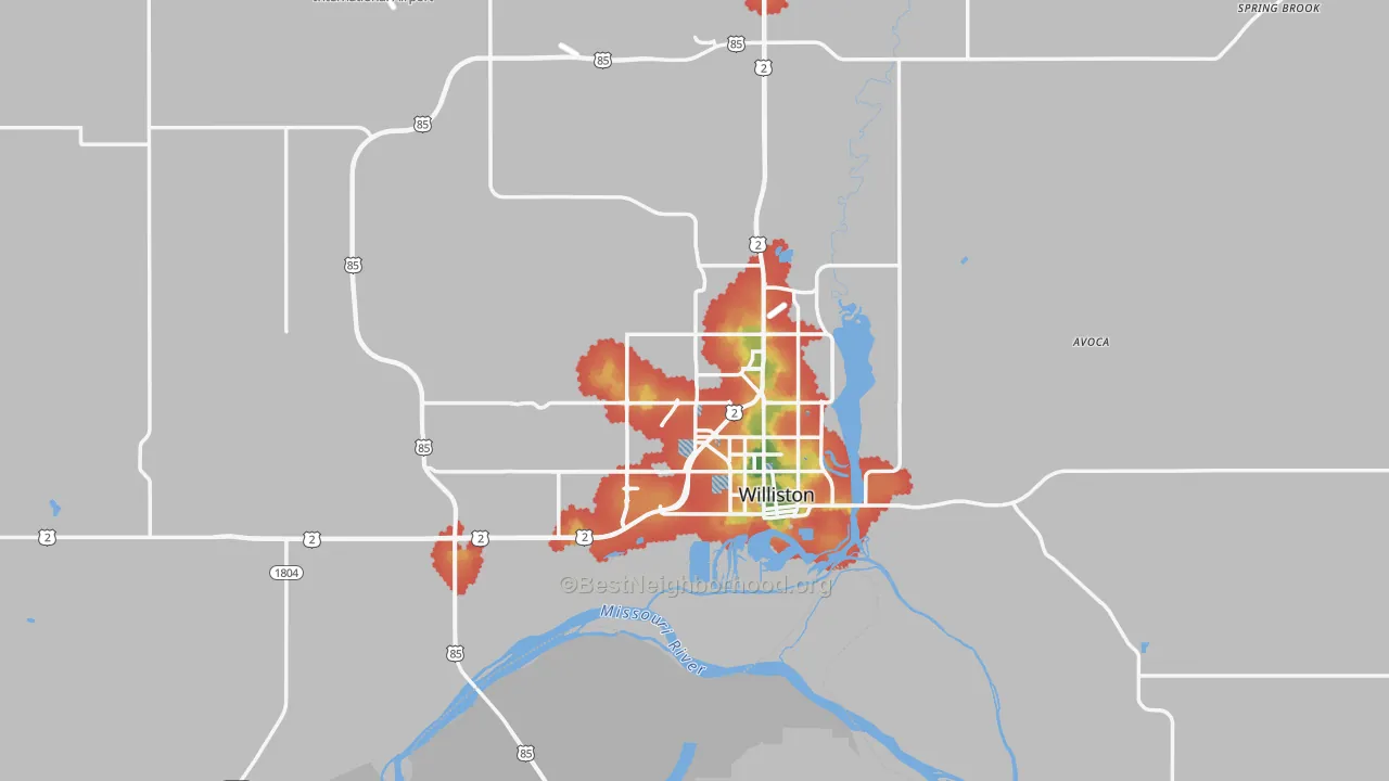 Walk Grade map of 58801, ND, walkable areas in green and car-dependent areas in red