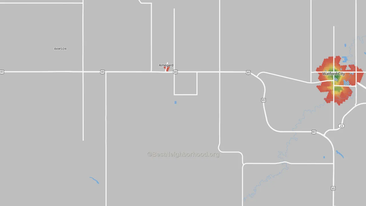 Walk Grade map of 58835, ND, walkable areas in green and car-dependent areas in red
