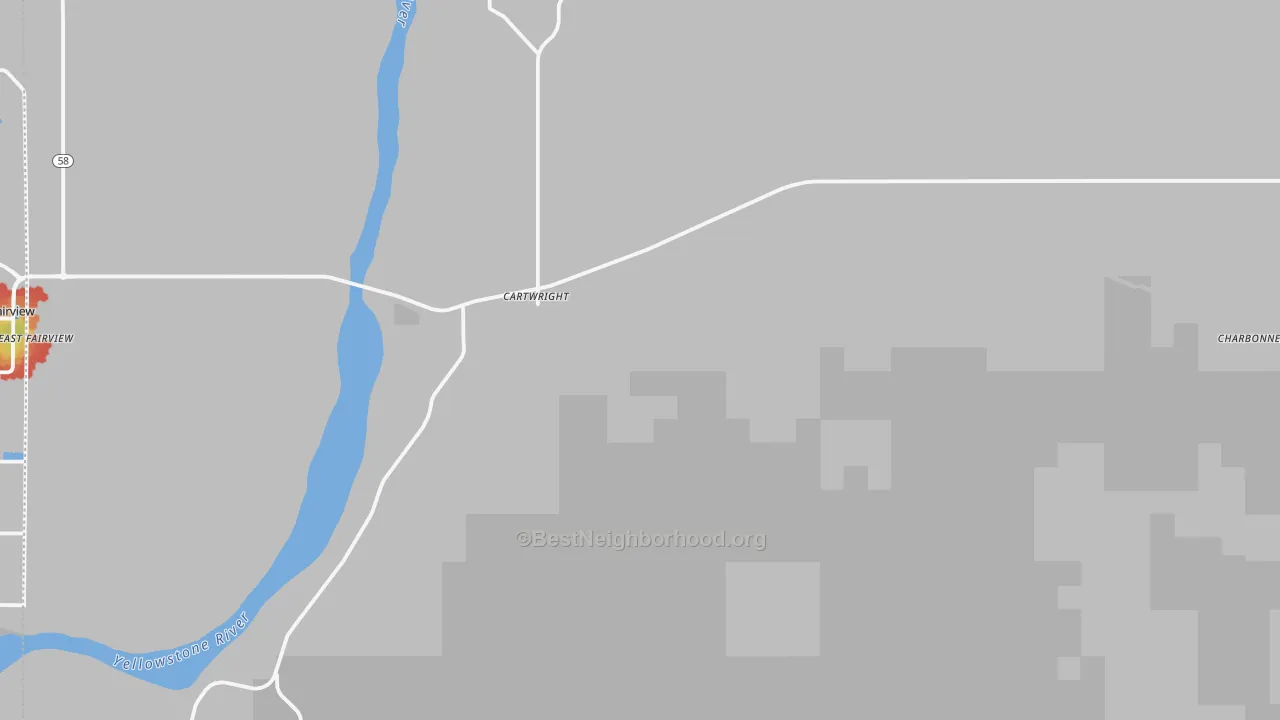 Walk Grade map of 58838, ND, walkable areas in green and car-dependent areas in red