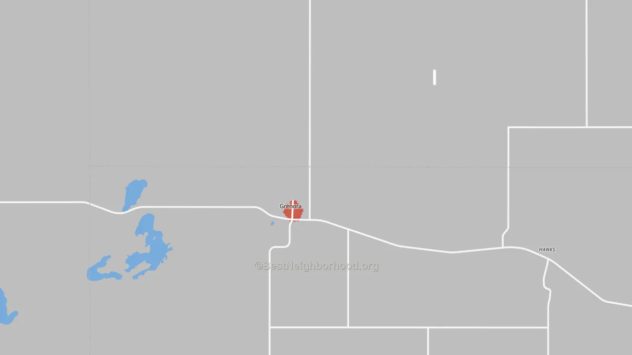Walk Grade map of 58845, ND, walkable areas in green and car-dependent areas in red