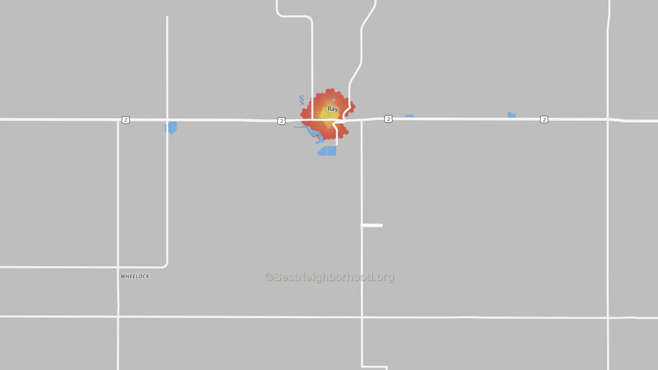 Walk Grade map of 58849, ND, walkable areas in green and car-dependent areas in red