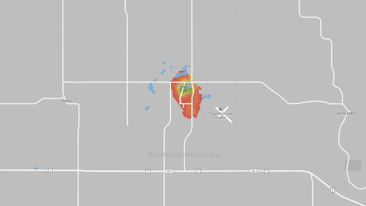Walk Grade map of 58852, ND, walkable areas in green and car-dependent areas in red