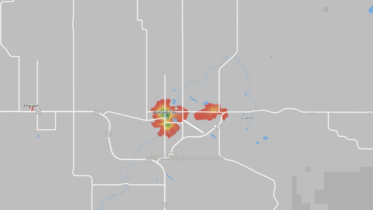Walk Grade map of 58854, ND, walkable areas in green and car-dependent areas in red