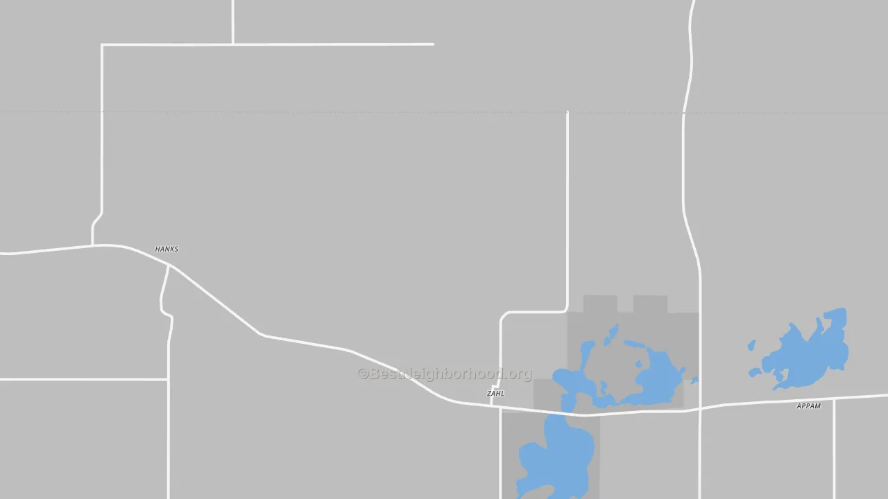Walk Grade map of 58856, ND, walkable areas in green and car-dependent areas in red