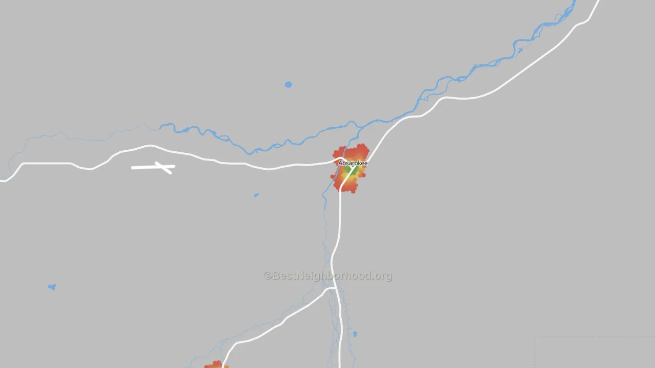 Walk Grade map of 59001, MT, walkable areas in green and car-dependent areas in red