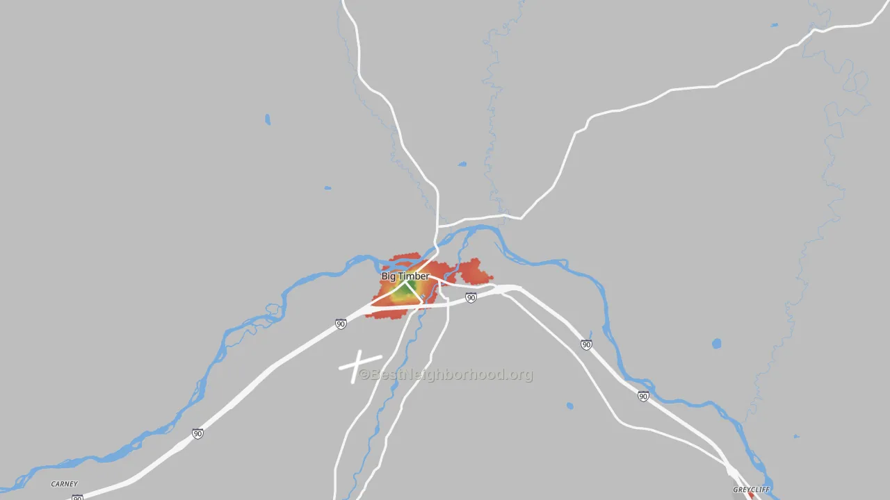 Walk Grade map of 59011, MT, walkable areas in green and car-dependent areas in red