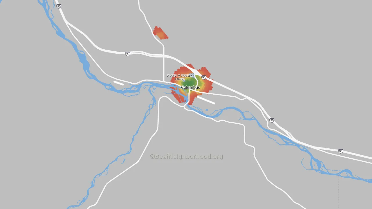 Walk Grade map of 59019, MT, walkable areas in green and car-dependent areas in red
