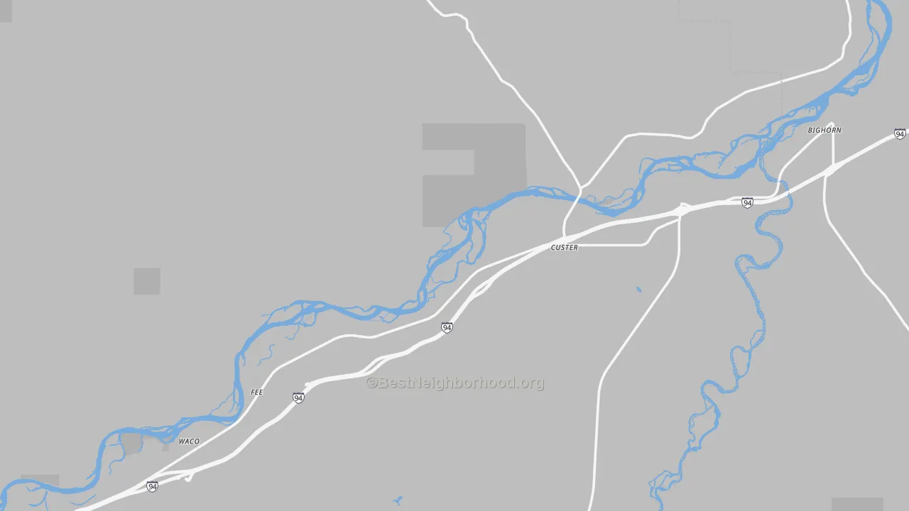 Walk Grade map of 59024, MT, walkable areas in green and car-dependent areas in red