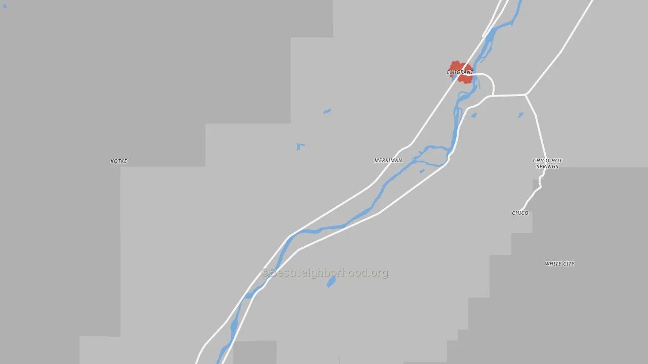 Walk Grade map of 59027, MT, walkable areas in green and car-dependent areas in red