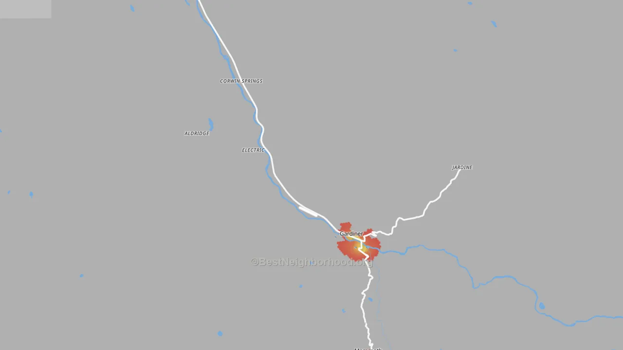 Walk Grade map of 59030, MT, walkable areas in green and car-dependent areas in red