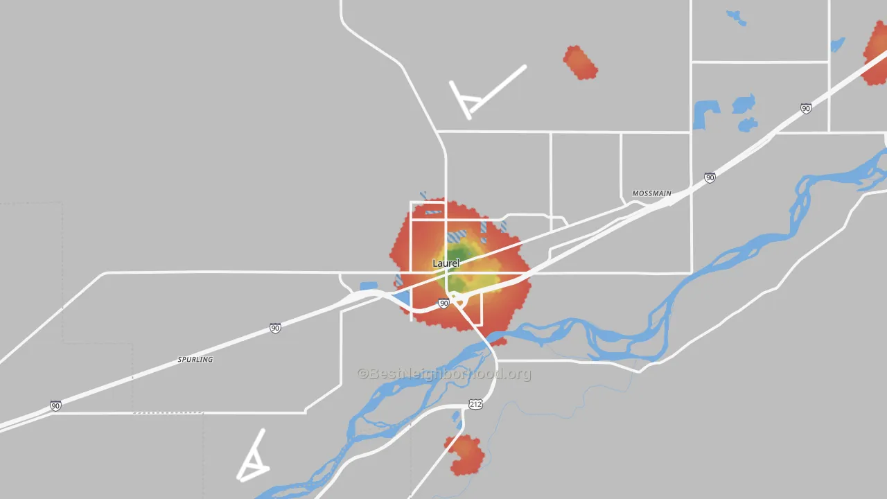 Walk Grade map of 59044, MT, walkable areas in green and car-dependent areas in red