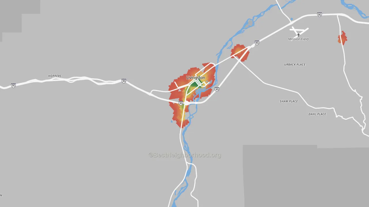 Walk Grade map of 59047, MT, walkable areas in green and car-dependent areas in red