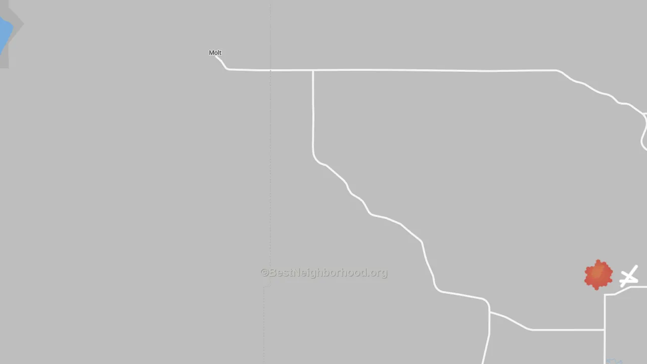 Walk Grade map of 59057, MT, walkable areas in green and car-dependent areas in red