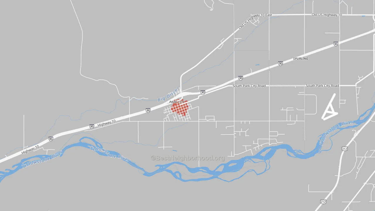Walk Grade map of 59063, MT, walkable areas in green and car-dependent areas in red