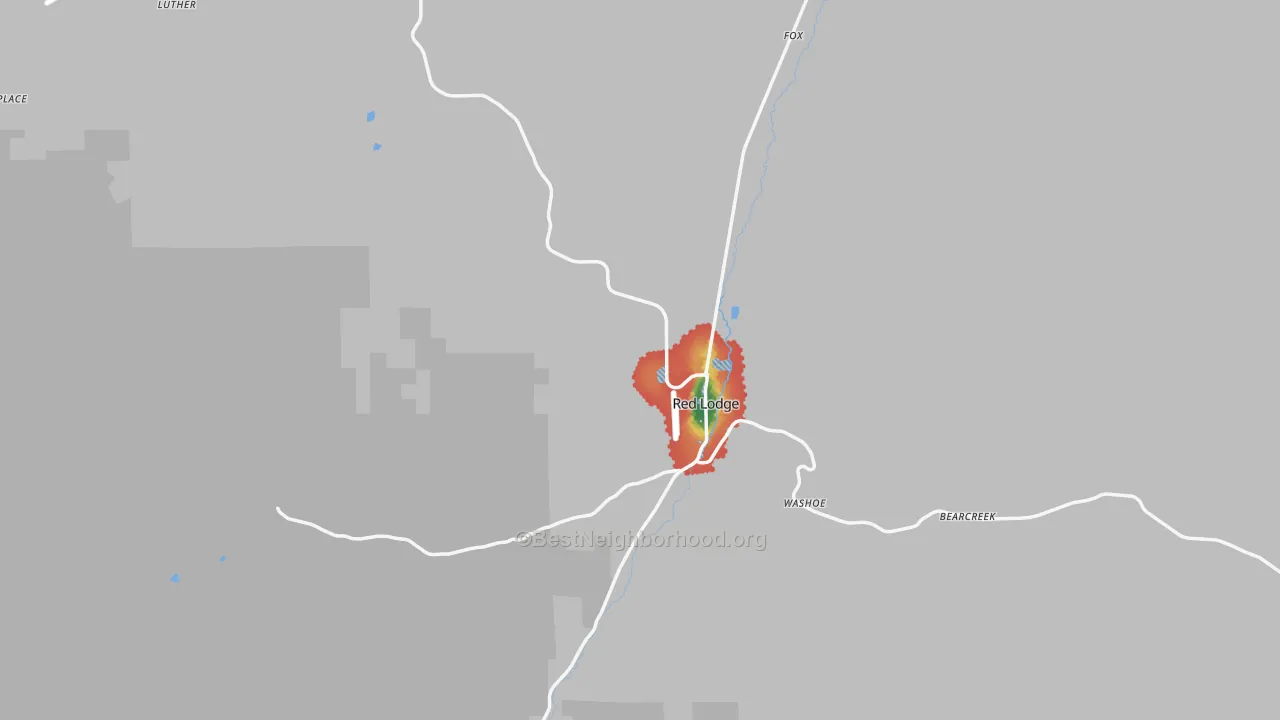 Walk Grade map of 59068, MT, walkable areas in green and car-dependent areas in red