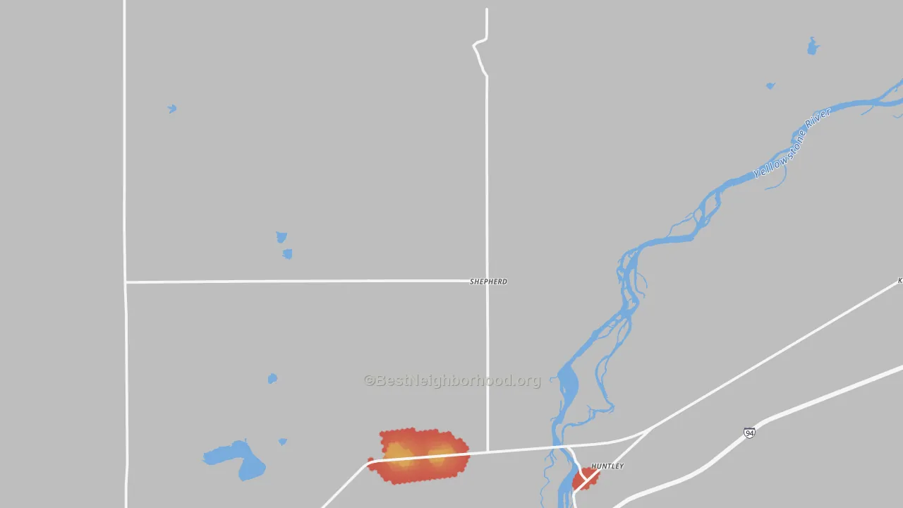 Walk Grade map of 59079, MT, walkable areas in green and car-dependent areas in red