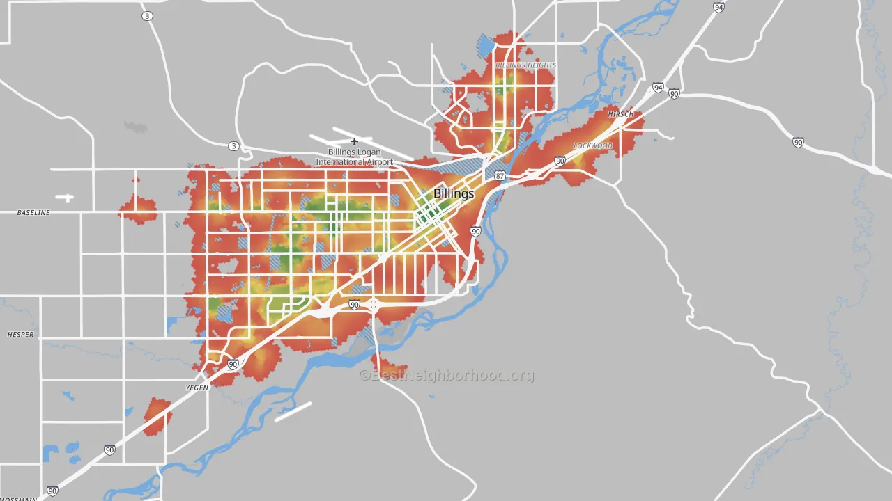 Walk Grade map of 59101, MT, walkable areas in green and car-dependent areas in red