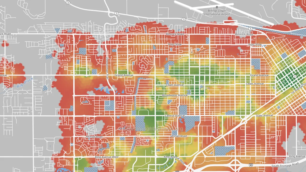 Walk Grade map of 59102, MT, walkable areas in green and car-dependent areas in red