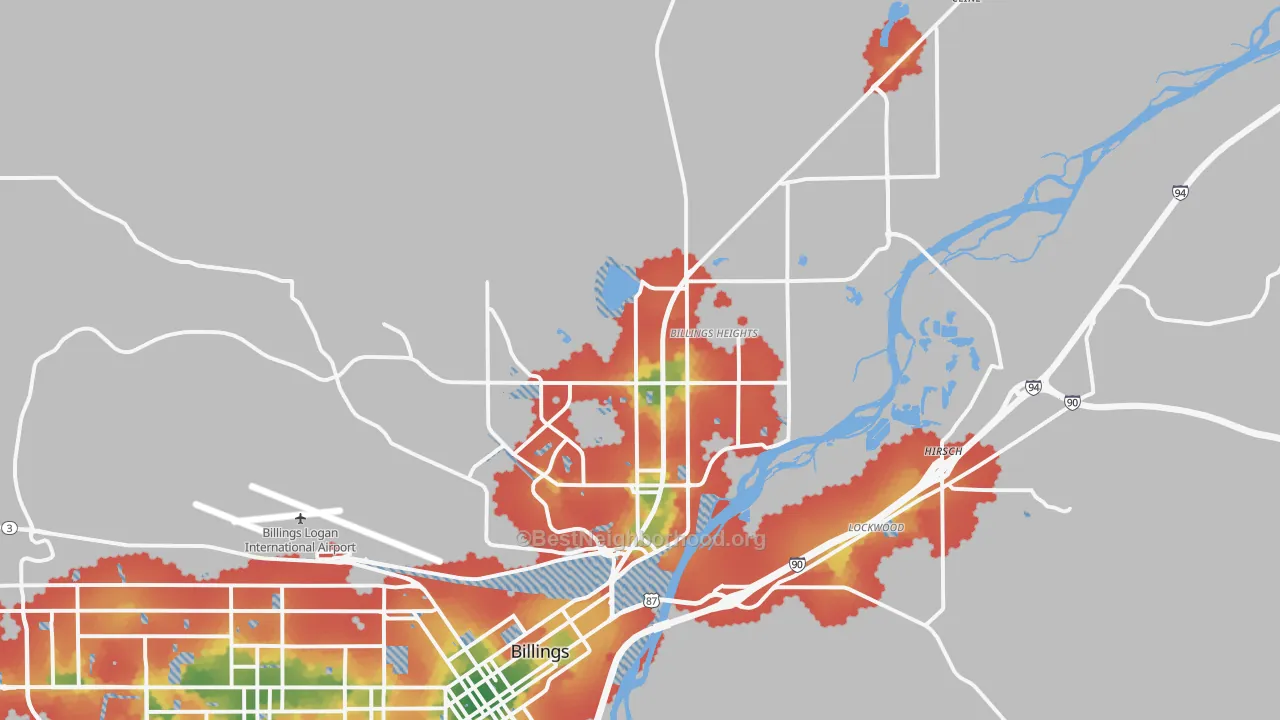 Walk Grade map of 59105, MT, walkable areas in green and car-dependent areas in red