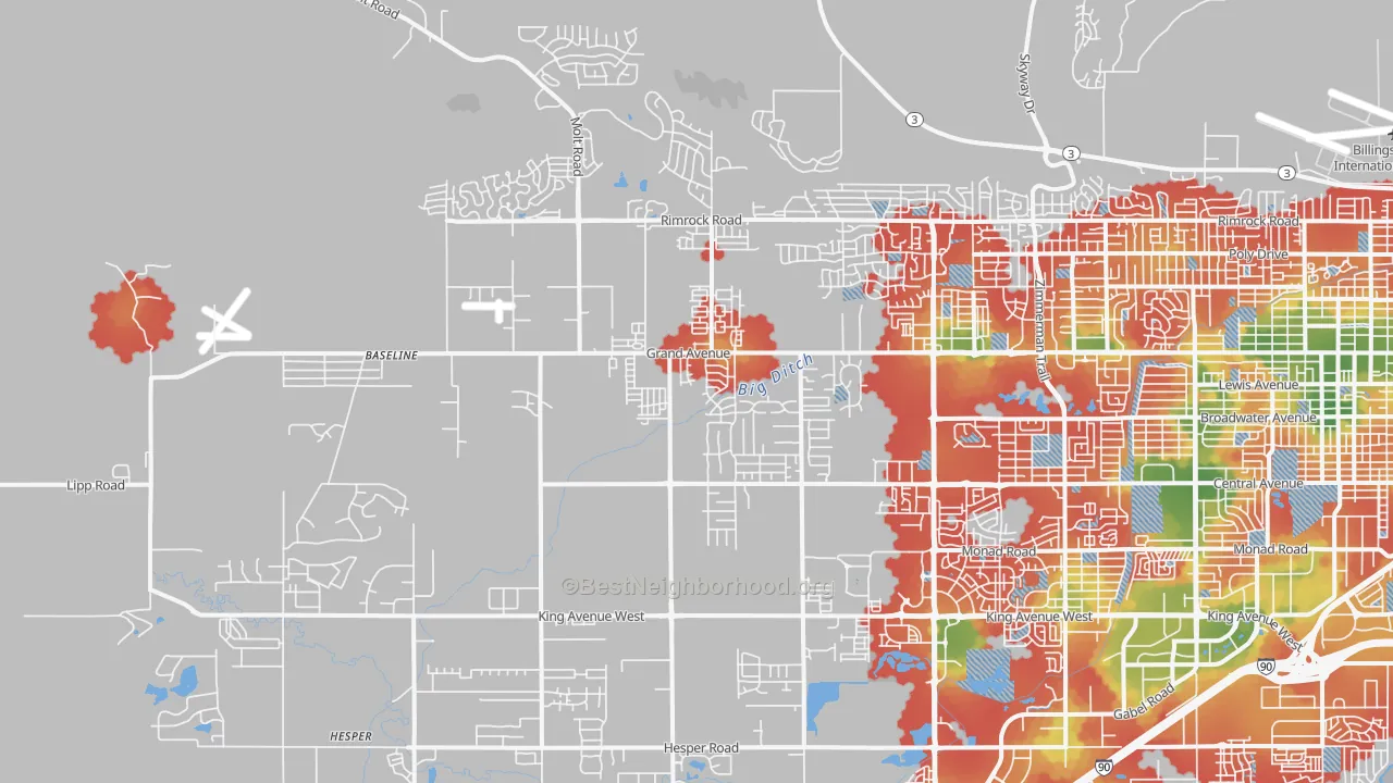 Walk Grade map of 59106, MT, walkable areas in green and car-dependent areas in red