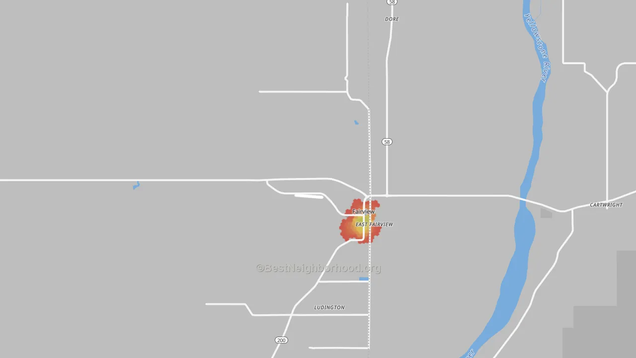 Walk Grade map of 59221, MT, walkable areas in green and car-dependent areas in red