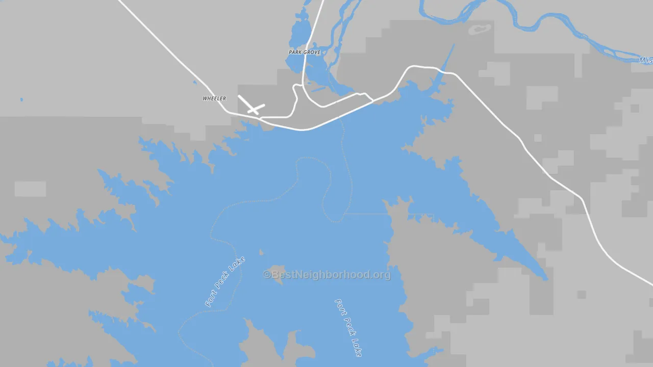 Walk Grade map of 59223, MT, walkable areas in green and car-dependent areas in red