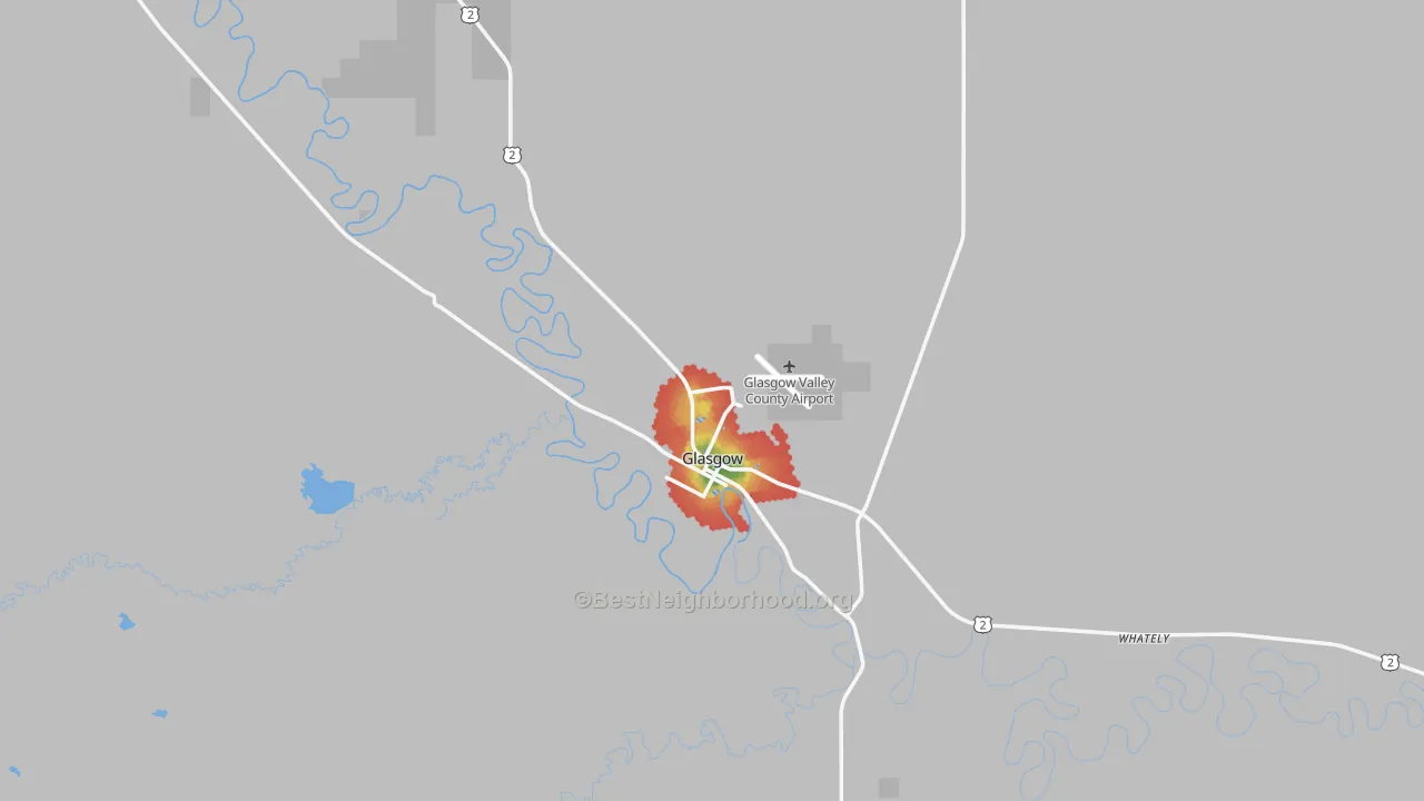 Walk Grade map of 59230, MT, walkable areas in green and car-dependent areas in red