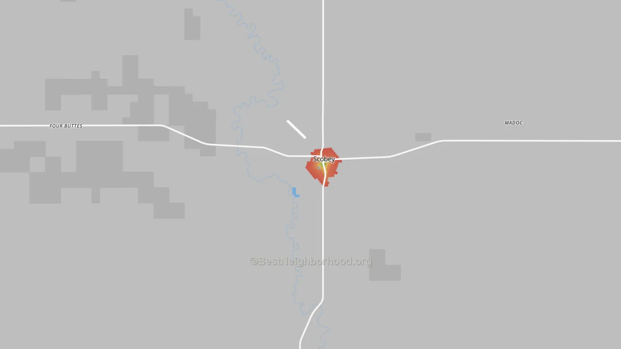 Walk Grade map of 59263, MT, walkable areas in green and car-dependent areas in red