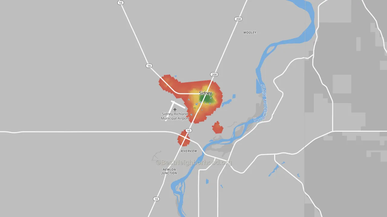 Walk Grade map of 59270, MT, walkable areas in green and car-dependent areas in red